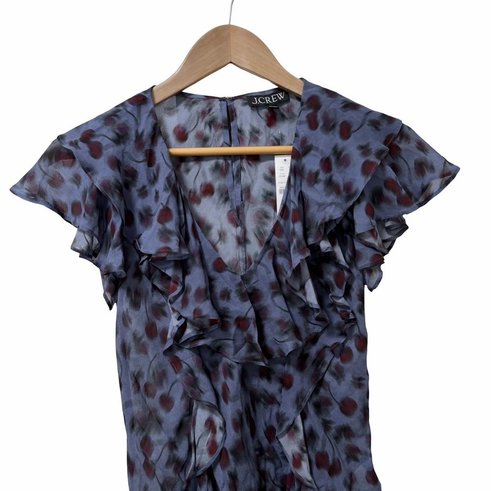 J Crew Ruffle Chiffon Floral V Neck Blouse Top Size XS Blue Lightweight Fairy‎ - Picture 3 of 6